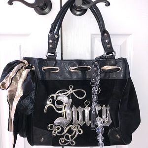 Juicy Couture black velvet bag with silver hardware, satin ribbon,& sequins logo